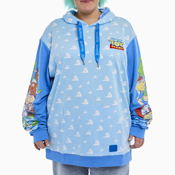 Round up your pals, it’s time to play! The Loungefly Toy Story Good Vs Baddies Unisex Hoodie brings together our favorite toys from the Disney-Pixar animated film. On the front, the clouds from Andy’s bedroom walls appear in an all-over print while the Toy Story logo appears above. Covering the sweatshirt’s sleeves, Andy’s toys gather together on one side while Sid’s toy creations appear on the other. The cloud design continues onto the back and hood of the sweater, and the hood has an inside lining of clouds, stars, and the Pixar ball. This cozy hoodie adds a playful element to any outfit and is the perfect wardrobe item for kids at heart. The Loungefly Toy Story Good Vs Baddies Unisex Hoodie is made of French Terry cotton (60% cotton, 40% polyester). Extra large lanyard-style drawcords add versatility in wear and fit and are perfect for displaying your favorite pins. Cuffs and waistband are 95% cotton and 5% Spandex. This hoodie is an officially licensed Disney-Pixar product. Comes in unisex sizes S through 3X.