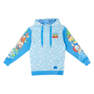 Round up your pals, it’s time to play! The Loungefly Toy Story Good Vs Baddies Unisex Hoodie brings together our favorite toys from the Disney-Pixar animated film. On the front, the clouds from Andy’s bedroom walls appear in an all-over print while the Toy Story logo appears above. Covering the sweatshirt’s sleeves, Andy’s toys gather together on one side while Sid’s toy creations appear on the other. The cloud design continues onto the back and hood of the sweater, and the hood has an inside lining of clouds, stars, and the Pixar ball. This cozy hoodie adds a playful element to any outfit and is the perfect wardrobe item for kids at heart. The Loungefly Toy Story Good Vs Baddies Unisex Hoodie is made of French Terry cotton (60% cotton, 40% polyester). Extra large lanyard-style drawcords add versatility in wear and fit and are perfect for displaying your favorite pins. Cuffs and waistband are 95% cotton and 5% Spandex. This hoodie is an officially licensed Disney-Pixar product. Comes in unisex sizes S through 3X.