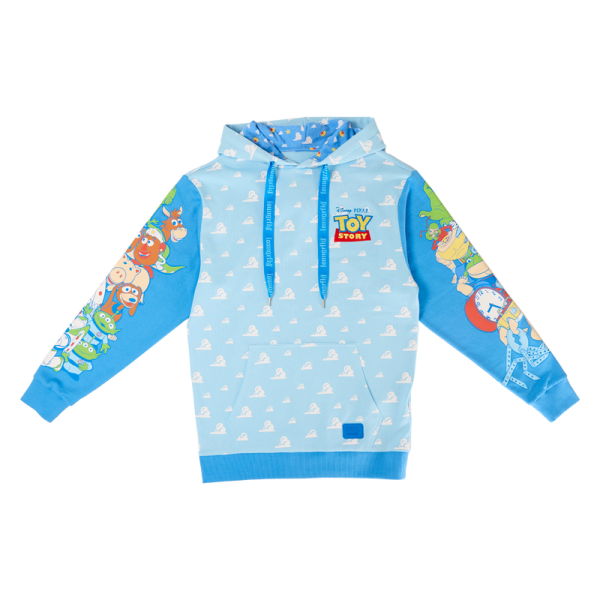 Round up your pals, it’s time to play! The Loungefly Toy Story Good Vs Baddies Unisex Hoodie brings together our favorite toys from the Disney-Pixar animated film. On the front, the clouds from Andy’s bedroom walls appear in an all-over print while the Toy Story logo appears above. Covering the sweatshirt’s sleeves, Andy’s toys gather together on one side while Sid’s toy creations appear on the other. The cloud design continues onto the back and hood of the sweater, and the hood has an inside lining of clouds, stars, and the Pixar ball. This cozy hoodie adds a playful element to any outfit and is the perfect wardrobe item for kids at heart. The Loungefly Toy Story Good Vs Baddies Unisex Hoodie is made of French Terry cotton (60% cotton, 40% polyester). Extra large lanyard-style drawcords add versatility in wear and fit and are perfect for displaying your favorite pins. Cuffs and waistband are 95% cotton and 5% Spandex. This hoodie is an officially licensed Disney-Pixar product. Comes in unisex sizes S through 3X.