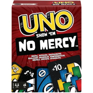 UNO Show 'em No Mercy is our most brutal UNO game yet! It has a 56 more cards with WAY tougher penalties (draw 10 cards anyone?) and new rules that will have players stacking, swapping and drawing more cards than ever before! Tougher action cards, such as Skip Everyone, Wild Draw 6 and even Wild Draw 10 make game play merciless! The Stacking Rule lets players pass the penalty (Draw +2, +4, +6, +10) to the next player until whoever can't play has to take all the cards combined. More cards mean more chances to show opponents absolutely no mercy. And there's even a Mercy Rule (yes, we get the irony) if things get too rough. There are two ways to win in this merciless version of the classic game: get rid of all cards OR knock all other players out of the game! Oh – and if you manage to get down to one card, don't forget to yell "UNO!" Ages 7 and up.