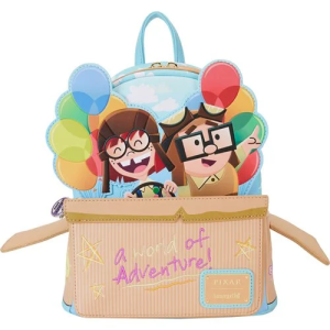 Celebrate 15 years of Disney and Pixar's Up with this Up 15th Anniversary Spirit of Adventure Mini-Backpack! Features young Carl and Ellie in a cardboard box with the words "a world of adventure!" written on it in crayon. The faux leather mini-backpack features applique, debossed, embroidered, and printed details - plus an enamel zipper charm! It measures approximately 10 1/2-inches tall x 9-inches long x 4 1/2-inches wide. A world of adventure awaits! For ages 15 and up. All Loungefly items are vegan friendly, unless otherwise noted.