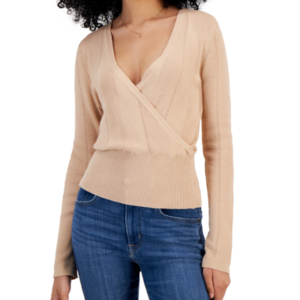JUNIORS' SURPLICE-NECK RIBBED-HEM SWEATER IN VINTAGE WHEAT A dressed up sweater for the season, this Hippie Rose piece features a wide, fitted hem and romantic surplice neckline. Juniors Juniors' Clothing - Sweaters (new)