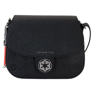 Join the dark side with this Star Wars Dark Side Saber Strap Crossbody Bag! The faux leather crossbody bag features debossed, molded metal and printed details. A debossed pattern of Darth Vader's helmet and the Imperial insignia adorn the front and back of the bag and a molded metal dark saber attaches the bag to the crossbody strap. Bag measures approximately 7 3/4-inches tall x 9 1/2-inches long x 4-inches wide. For ages 8 and up. All Loungefly items are vegan friendly, unless otherwise noted.