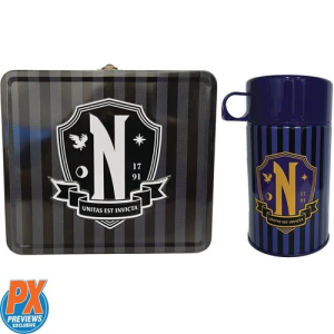 Previews Exclusive! Wednesday Addams, daughter of the mysterious and spooky Addams Family, is attending the exclusive Nevermore Academy! Based on the hit Netflix series from Tim Burton, the sigil of the academy is featured on the front of this stylish Wednesday Nevermore Academy Tin Titans Lunch Box with Thermos - Previews Exclusive. Tt includes a 10oz retro-styled beverage container/soup cup. Limited to 1,750 pieces, don't miss out on adding this lunch box to your Wednesday collection! Lunch box measures 7 3/4-inches long x 6 3/4-inches tall x 4-inches wide. Hand wash only.