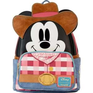 Channel the Old West with this Western Mickey Mouse Cosplay Mini-Backpack! This faux leather mini-backpack features applique, denim, embossed, embroidered and printed details. It measures approximately 10 1/2-inches tall x 9-inches wide x 4 1/2-inches long. For ages 15 and up. All Loungefly items are vegan friendly, unless otherwise noted.