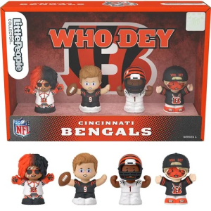 It's football season, baby! There's no better way to support your team than with the new lineup of Little People Collector NFL sets! Cheer on the Bengals with figures of #9 Joe Burrow and #1 Ja'Marr Chase along with two super fans in special "Who Dey" themed packaging. This officially licensed NFL & NFLPA product is the perfect set for NFL fans.?Each figure measures about 2 3/4-inches tall.