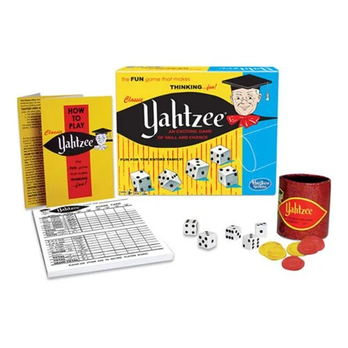 The fabulously famous dice game, introduced over fifty years ago, continues to delight millions of players! Same styling as the original game with aluminum rimmed dice cup, five dice, scorepad and bonus chips.Ages 8 and up.