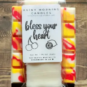 A lively and refreshing blend of tart cherries and freshly squeezed lemons; sweet and sour, just like a southerner blessing your heart. ♥ Rainy Morning Candles wax melts are made with a premium soy blend wax to ensure they're long-lasting and give a great hot throw. Our wax melts are made in small batches, so the color may vary slightly from batch to batch, but the fragrance will always be the same.
