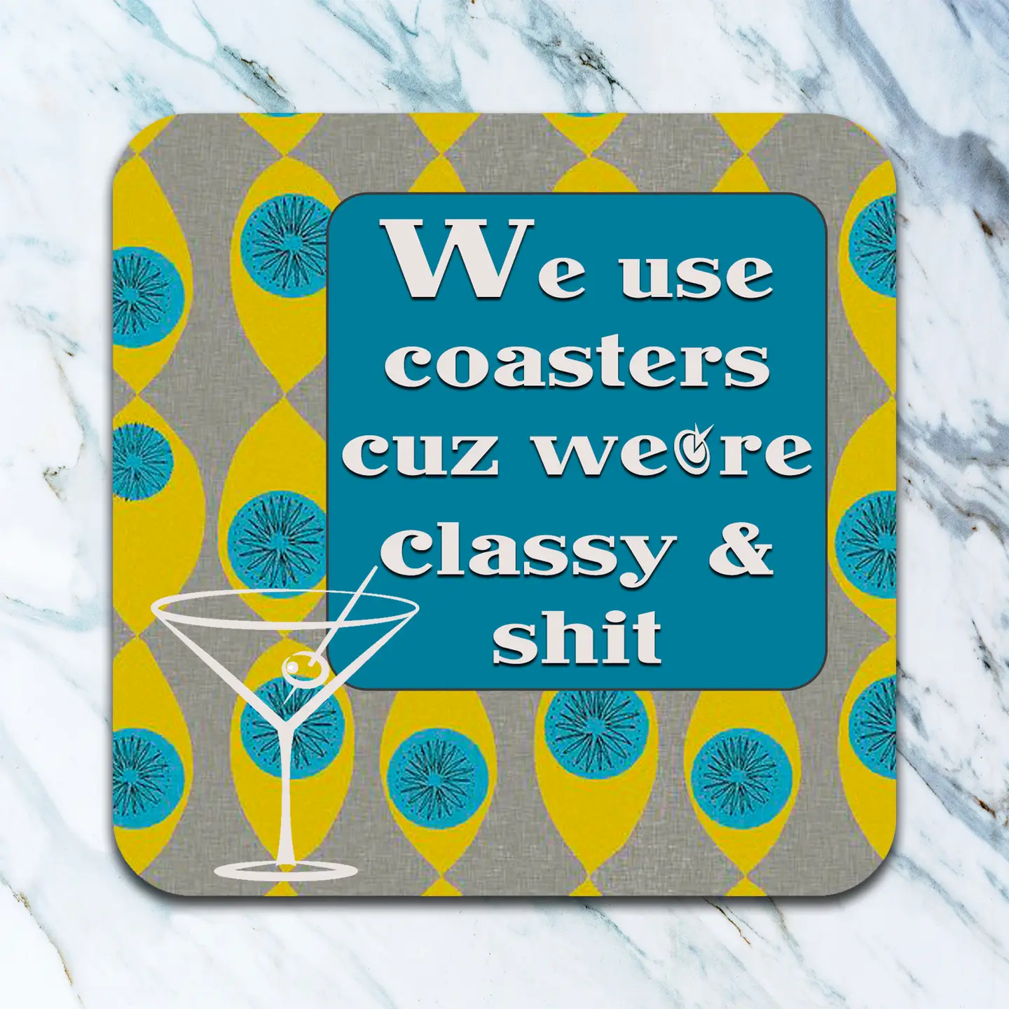 Our coasters are made in the USA from absorbent, neoprene-like material and measure 4" x 4". They are dishwasher safe and reusable (what a deal).