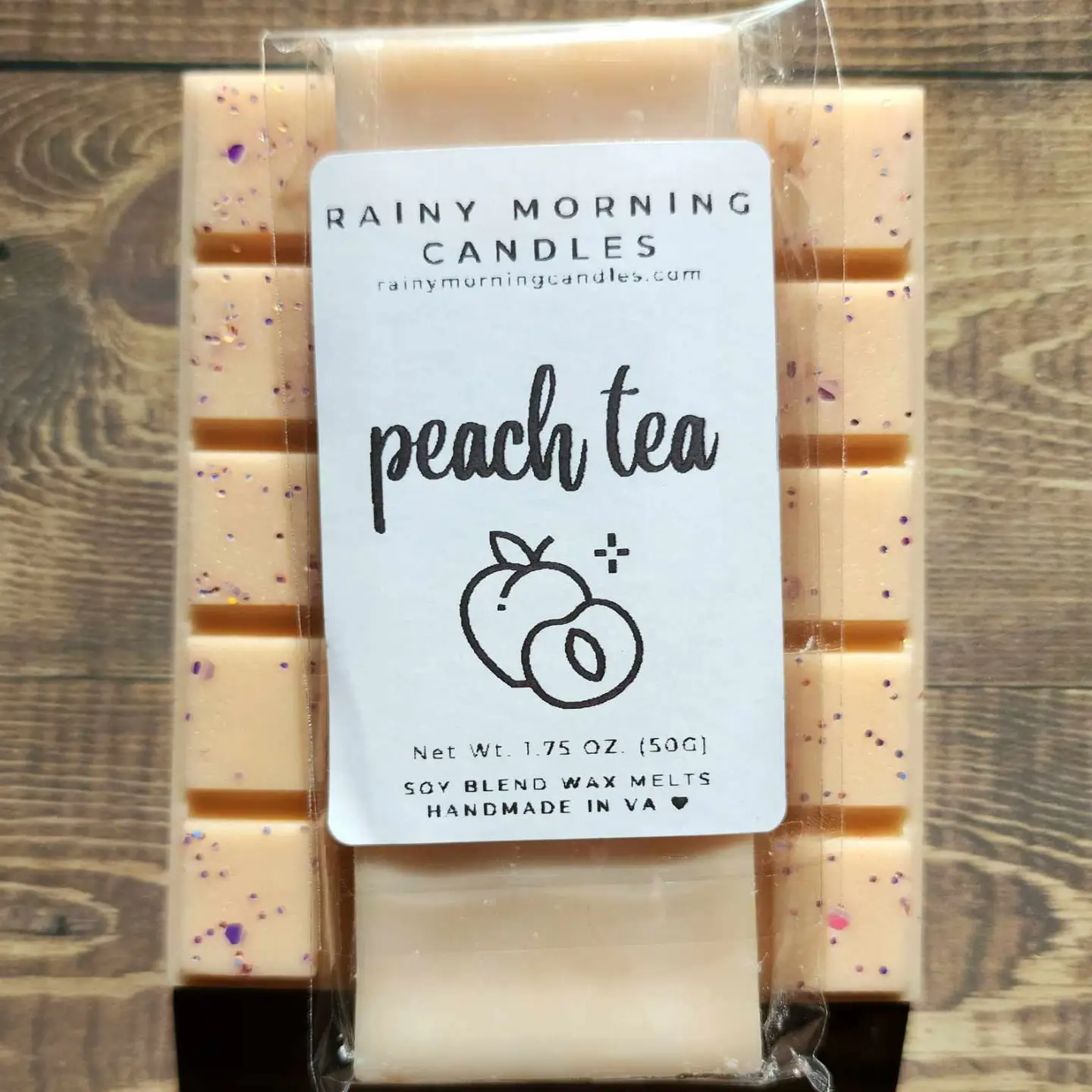 A tall glass of sweet, iced tea with succulent and juicy peaches. Rainy Morning Candles wax melts are made with a premium soy blend wax to ensure they're long-lasting and give a great hot throw. Our wax melts are made in small batches, so the color may vary slightly from batch to batch, but the fragrance will always be the same.