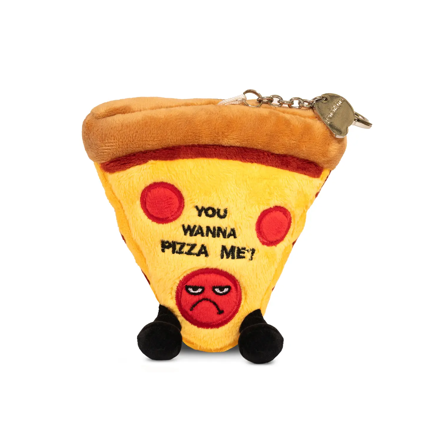 Crust me; you don’t want to mess with this plush, even if he is only bite-sized. His bothered expression is clear: You don’t want a pizza him! Yet his sauce line, 3D pepperoni pieces, and dangly legs somehow make him a-dough-able. No matter how you slice it, this pestered pepperoni pizza would make the perfect accent piece for any backpack or bag.