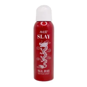 Amuse Cosmetics AM639 Slay All Day Setting Spray. A hydrating setting spray that helps lock makeup in place for a long lasting wear. Aerosol spray applicator features a fine mist that is lightweight and evenly distributed for a flawless finish. 5.3 fl.oz.