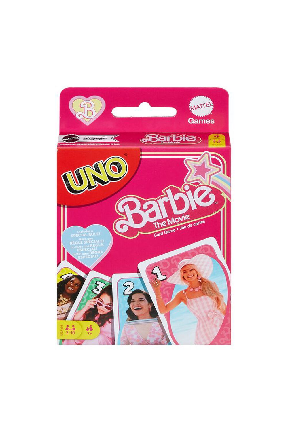 Your favorite classic game, UNO, with a twist! It features a Mattel Barbie The Movie theme and a special rule! Perfect for both kids and adults. - Officially licensed product Content + Care - For ages 7+ - 2 - 10 players