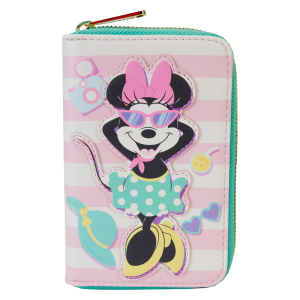 Dreaming of the perfect vacay? Check-in for your next getaway with the Loungefly Minnie Mouse Vacation Style Zip Around Wallet! On the front, Minnie Mouse basks in the sun on a striped beach towel. Look closely and you’ll see her poolside essentials resting beside her! On the back, embroidered tropical plants accompany the striped pattern. Inside, four slots for holding cards accompany a clear window for ID. This wallet adds an air of relaxation to any outing and will keep your belongings safe throughout your stay. The Loungefly Minnie Mouse Vacation Style Zip Around Wallet is made of vegan leather (polyurethane). Wallet zips closed with shiny gold hardware. Additional features include applique, embroidered, and printed details. Take note of the coordinating inside lining and the palm tree-shaped die-cut ID window. This wallet is an officially licensed Disney product. Wallet dimensions: 6”W x 4”H