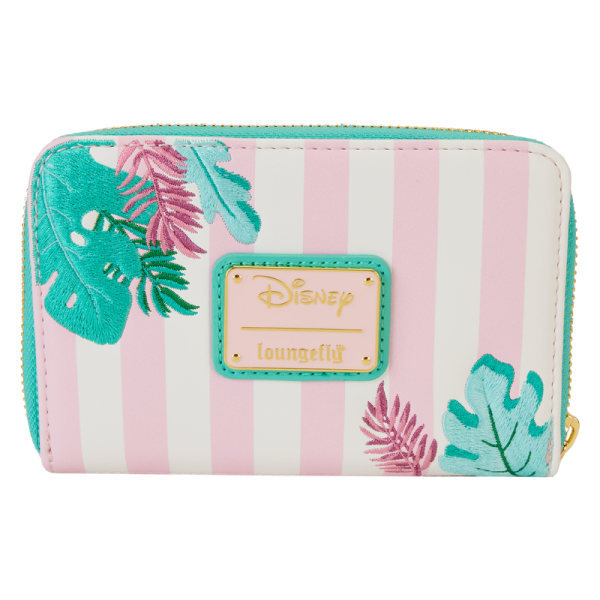 Dreaming of the perfect vacay? Check-in for your next getaway with the Loungefly Minnie Mouse Vacation Style Zip Around Wallet! On the front, Minnie Mouse basks in the sun on a striped beach towel. Look closely and you’ll see her poolside essentials resting beside her! On the back, embroidered tropical plants accompany the striped pattern. Inside, four slots for holding cards accompany a clear window for ID. This wallet adds an air of relaxation to any outing and will keep your belongings safe throughout your stay. The Loungefly Minnie Mouse Vacation Style Zip Around Wallet is made of vegan leather (polyurethane). Wallet zips closed with shiny gold hardware. Additional features include applique, embroidered, and printed details. Take note of the coordinating inside lining and the palm tree-shaped die-cut ID window. This wallet is an officially licensed Disney product. Wallet dimensions: 6”W x 4”H