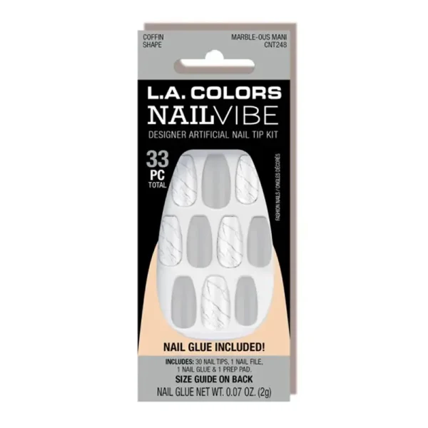 LA Colors CNT248 MARBLE-OUS MANI 33pc Nail Vibe Designer Artificial Nail Tip kit. Gives salon look with soft, flexible and chip proof nail tips. Kit includes 30 nail tips, 1 nail file, 1 nail glue, and 1 prep pad.