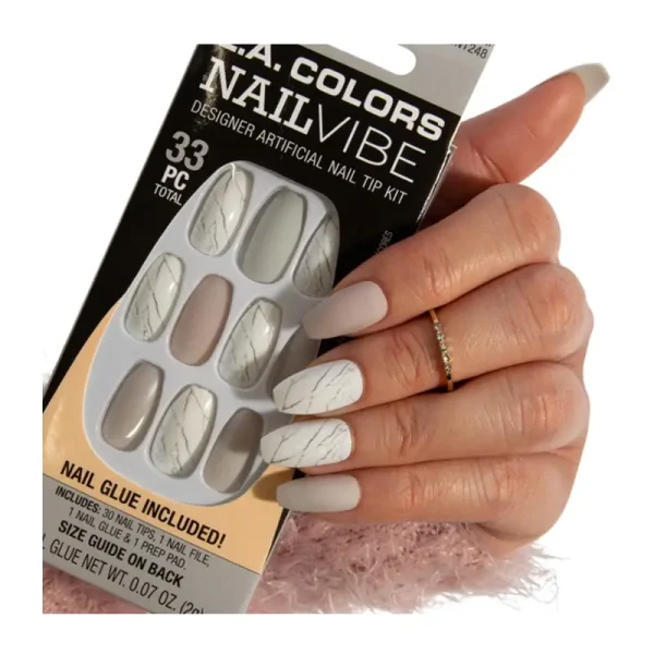 LA Colors CNT248 MARBLE-OUS MANI 33pc Nail Vibe Designer Artificial Nail Tip kit. Gives salon look with soft, flexible and chip proof nail tips. Kit includes 30 nail tips, 1 nail file, 1 nail glue, and 1 prep pad.