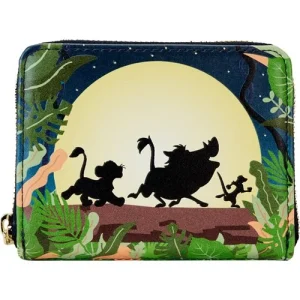 Kick back and let your worry-free lifestyle run wild! The Loungefly Lion King 30th Anniversary Hakuna Matata Silhouette Zip Around Wallet brings a chill new look to your everyday vibe. On the front, a full moon rises as Timon, Pumbaa, and Simba walk across a log. Turn down the lights to see the moon glow in the dark! Lush vegetation continues onto the back of the wallet, and a Simba-shaped die-cut window accompanies four slots for holding cards on the inside. Whether you’re taking things easy or exploring the savannah, this accessory will keep you looking cool and relaxed. The Lion King 30th Anniversary Hakuna Matata Silhouette Zip Around Wallet is made of vegan leather (polyurethane). Wallet zips closed with shiny gold hardware. Additional features include debossed, glow-in-the-dark, and printed details. Take note of the coordinating inside lining. This wallet is an officially licensed Disney product. Wallet dimensions: 5”W x 4”H