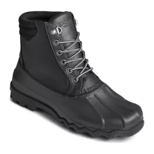 Elevate your rainy day style with these Sperry Avenue Duck Promo Boots in classic black. These ankle boots feature a round toe and lace-up closure, making them the perfect choice for travel and casual occasions. The rubber outsole provides durability and the cushioned, waterproof, and lightweight design ensures comfort. Made with high-quality leather and synthetic insole material, these boots are both stylish and functional. The solid pattern and duck theme add a touch of personality, while the fabric lining material ensures a comfortable fit. Available in US shoe size 9.5 and UK shoe size 8.5, these boots are a must-have for any fashion-savvy man.