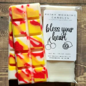 A lively and refreshing blend of tart cherries and freshly squeezed lemons; sweet and sour, just like a southerner blessing your heart. ♥ Rainy Morning Candles wax melts are made with a premium soy blend wax to ensure they're long-lasting and give a great hot throw. Our wax melts are made in small batches, so the color may vary slightly from batch to batch, but the fragrance will always be the same.