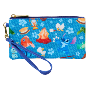 There’s nothing like sharing s’mores under the stars! Camp out on the shores of the great outdoors with the Loungefly Stitch Camping Cuties AOP Nylon Wristlet. This accessory features an all-over print of Stitch and his friends as they go on a camping trip. Against the ocean-blue background, you’ll find Stitch, ducklings, frogs, turtles, s’mores, ukuleles, and other camping supplies. This wristlet has plenty of room to store your gear and is the perfect accessory for hanging out with friends. The Loungefly Stitch Camping Cuties AOP Nylon Wristlet features shiny gold hardware, detachable wrist strap, and printed details. Inside features three slots for holding cards and important items. Take note of the coordinating inside lining. This wristlet is an officially licensed Disney product. Wristlet dimensions: 8”W x 4.25”H