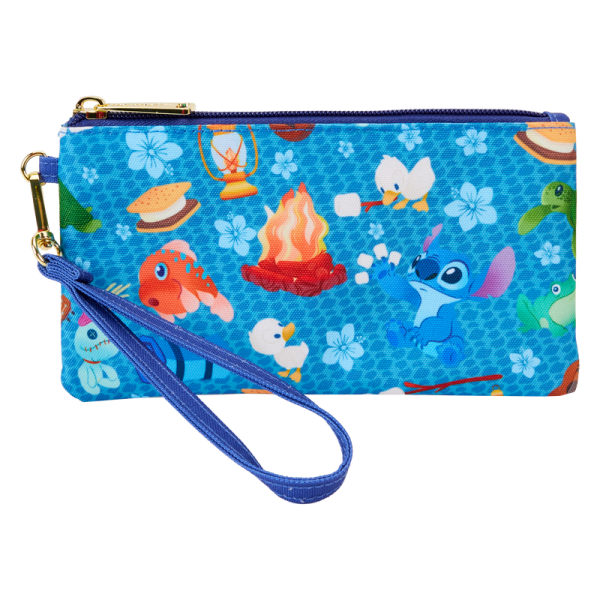 There’s nothing like sharing s’mores under the stars! Camp out on the shores of the great outdoors with the Loungefly Stitch Camping Cuties AOP Nylon Wristlet. This accessory features an all-over print of Stitch and his friends as they go on a camping trip. Against the ocean-blue background, you’ll find Stitch, ducklings, frogs, turtles, s’mores, ukuleles, and other camping supplies. This wristlet has plenty of room to store your gear and is the perfect accessory for hanging out with friends. The Loungefly Stitch Camping Cuties AOP Nylon Wristlet features shiny gold hardware, detachable wrist strap, and printed details. Inside features three slots for holding cards and important items. Take note of the coordinating inside lining. This wristlet is an officially licensed Disney product. Wristlet dimensions: 8”W x 4.25”H