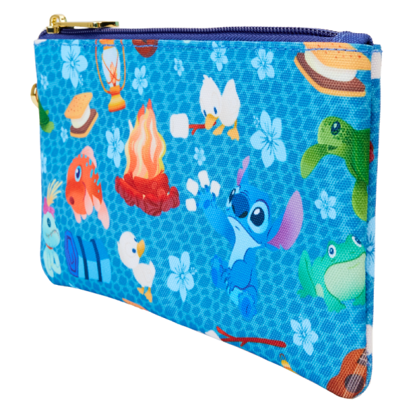 There’s nothing like sharing s’mores under the stars! Camp out on the shores of the great outdoors with the Loungefly Stitch Camping Cuties AOP Nylon Wristlet. This accessory features an all-over print of Stitch and his friends as they go on a camping trip. Against the ocean-blue background, you’ll find Stitch, ducklings, frogs, turtles, s’mores, ukuleles, and other camping supplies. This wristlet has plenty of room to store your gear and is the perfect accessory for hanging out with friends. The Loungefly Stitch Camping Cuties AOP Nylon Wristlet features shiny gold hardware, detachable wrist strap, and printed details. Inside features three slots for holding cards and important items. Take note of the coordinating inside lining. This wristlet is an officially licensed Disney product. Wristlet dimensions: 8”W x 4.25”H