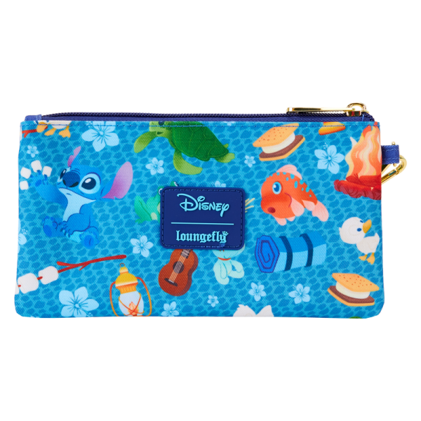 There’s nothing like sharing s’mores under the stars! Camp out on the shores of the great outdoors with the Loungefly Stitch Camping Cuties AOP Nylon Wristlet. This accessory features an all-over print of Stitch and his friends as they go on a camping trip. Against the ocean-blue background, you’ll find Stitch, ducklings, frogs, turtles, s’mores, ukuleles, and other camping supplies. This wristlet has plenty of room to store your gear and is the perfect accessory for hanging out with friends. The Loungefly Stitch Camping Cuties AOP Nylon Wristlet features shiny gold hardware, detachable wrist strap, and printed details. Inside features three slots for holding cards and important items. Take note of the coordinating inside lining. This wristlet is an officially licensed Disney product. Wristlet dimensions: 8”W x 4.25”H