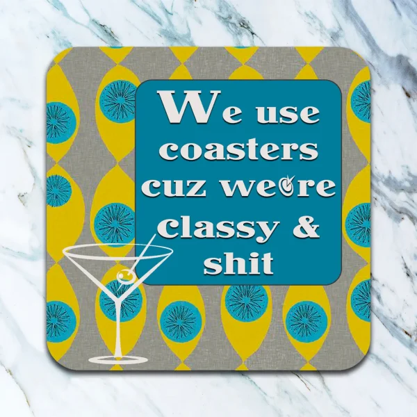 ur coasters are made in the USA from absorbent, neoprene-like material and measure 4" x 4". They are dishwasher safe and reusable (what a deal).