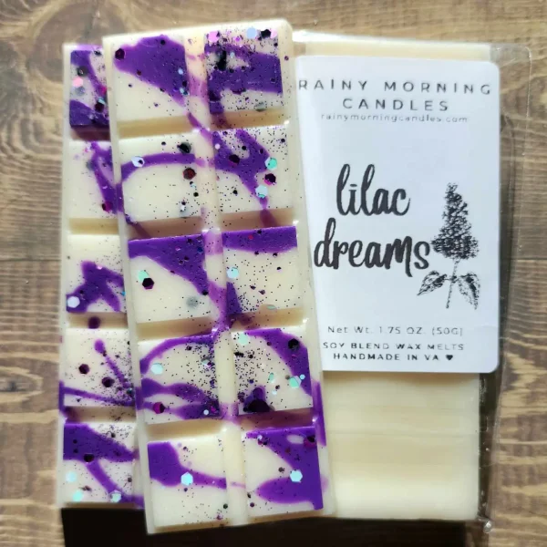 A meadow of freshly bloomed lilacs and warm vanilla. Rainy Morning Candles wax melts are made with a premium soy blend wax to ensure they're long-lasting and give a great hot throw. Our wax melts are made in small batches, so the color may vary slightly from batch to batch, but the fragrance will always be the same.