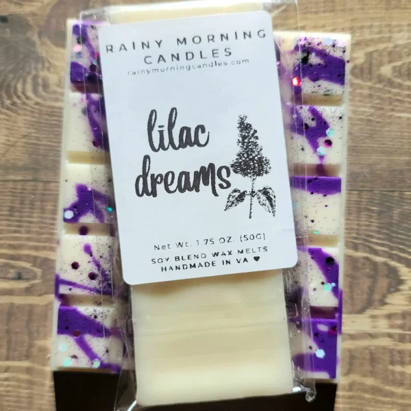 A meadow of freshly bloomed lilacs and warm vanilla. Rainy Morning Candles wax melts are made with a premium soy blend wax to ensure they're long-lasting and give a great hot throw. Our wax melts are made in small batches, so the color may vary slightly from batch to batch, but the fragrance will always be the same.