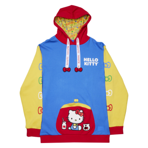 Fasten your bow and say hello in supercute style! Our Loungefly Sanrio Hello Kitty 50th Anniversary Unisex Hoodie is a great way to share smiles and your favorite fandom. Bright, bold color blocking adds a fun touch to this soft hoodie. Red, yellow, and blue colors add complementary contrasts for adorable prints that appear on the front and sleeves. Printed bows, in green, red, white, and blue line the sleeves, and the front pocket is shaped like a coin purse! The coin purse also features a colorful print of Hello Kitty with her fish and milk bottle with straw. Even the drawcord strings display her signature red bow as puff drawcord pulls. The Loungefly Sanrio Hello Kitty 50th Anniversary Unisex Hoodie is made of French terry fabric (60% cotton, 40% polyester). Additional features include an extra-large, lanyard-style drawcord, puff bow-shaped drawcords, screen printing, foil-print details, and a lined jersey hood. This hoodie is an officially licensed Sanrio product. Comes in unisex sizes S through 3X. Sizing is very specific.