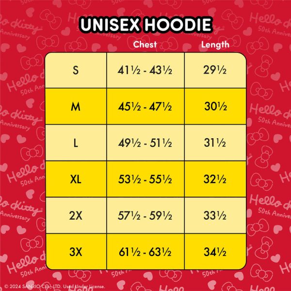 Fasten your bow and say hello in supercute style! Our Loungefly Sanrio Hello Kitty 50th Anniversary Unisex Hoodie is a great way to share smiles and your favorite fandom. Bright, bold color blocking adds a fun touch to this soft hoodie. Red, yellow, and blue colors add complementary contrasts for adorable prints that appear on the front and sleeves. Printed bows, in green, red, white, and blue line the sleeves, and the front pocket is shaped like a coin purse! The coin purse also features a colorful print of Hello Kitty with her fish and milk bottle with straw. Even the drawcord strings display her signature red bow as puff drawcord pulls. The Loungefly Sanrio Hello Kitty 50th Anniversary Unisex Hoodie is made of French terry fabric (60% cotton, 40% polyester). Additional features include an extra-large, lanyard-style drawcord, puff bow-shaped drawcords, screen printing, foil-print details, and a lined jersey hood. This hoodie is an officially licensed Sanrio product. Comes in unisex sizes S through 3X. Sizing is very specific.