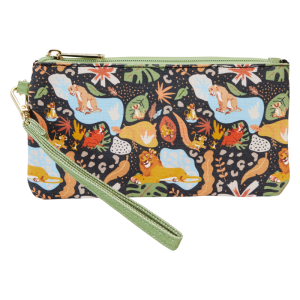 Let’s go wild! Journey to the African savannah with the Loungefly Lion King 30th Anniversary AOP Canvas Wristlet. This accessory features a colorful all-over print of the film’s characters on a black background. Look through the leafy vegetation to find Simba, Nala, Timon, Pumbaa, and others hidden within the wristlet’s design. Inside, you’ll find four slots for holding cards and important items. This accessory has plenty of room for your safari essentials and is perfect for Disney fans looking to keep one of their favorite stories close. The Loungefly 30th Anniversary AOP Canvas Wristlet has shiny gold hardware, a detachable wrist strap, and features printed details. Take note of the coordinating inside lining. Please note: patterns will vary with all-over print styles. Not every piece will look identical nor will every piece be an exact match as to what is pictured online. This wristlet is an officially licensed Disney product. Wristlet dimensions: 8”W x 4.25”H