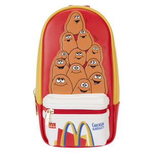 Make a dash to place an order with the Loungefly McDonald’s Chicken McNuggets Pencil Case! Inspired by one of our favorite meals, this pencil case recreates a chicken McNugget box on its front zipper pocket. Up above, a group of McNugget Buddies form a tower. Turn the pencil case around to see them make an encore appearance. A durable lobster clip appears at the top of the case, making it easy to carry your important items with you. This pencil case has plenty of space to store your essentials and makes a playful addition to your next adventure. The Loungefly McDonald’s Chicken McNuggets Pencil Case is made of vegan leather (polyurethane). Case zips closed with shiny gold hardware. Additional features include applique, debossed, and printed details. Take note of the coordinating inside lining. This pencil case is an officially licensed McDonald’s product. Pencil case dimensions: 4”W x 8”H x 2”D