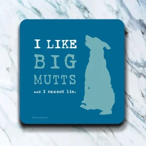 Our coasters are made in the USA from absorbent, neoprene-like material and measure 4" x 4". They are dishwasher safe and reusable (what a deal). Licensed design by Dog is Good®.