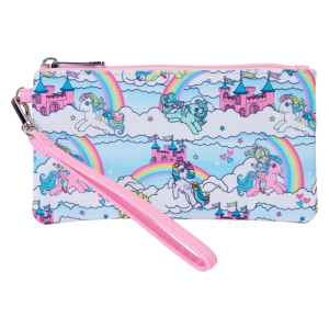 Gallop away with a rainbow of colors! Our My Little Pony Sky Scene Wristlet Wallet is ready for a magical day of fun-filled adventures. This handy wallet features an all-over print of the Dream Castle, suns, clouds, rainbows, and fan-favorite My Little Pony characters, such as Megan (who rides two different My Little Pony characters), Skydancer, Firefly, Starshine, Medley, and Windy. A convenient wristlet strap in pink adds an extra touch of color. Secure your valuables while taking the reins in style. Features: Nylon Wristlet strap Approximately four slots for securing and storing cards Shiny silver hardware Printed details Coordinating inside lining Dimensions: 8”W x 4.25”H This wallet is an officially licensed Hasbro product.