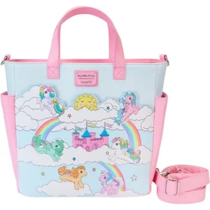 Gallop away with a rainbow of colors! Our My Little Pony Sky Scene Convertible Tote Bag is ready for a magical day of fun-filled adventures. On the front of this roomy tote, the Dream Castle appears against a sky-blue background. Colorful printed artwork displays a smiling sun, clouds, and several fan-favorite My Little Pony characters on the front and back, including Starshine, Firefly, Windy, Medley, Butterscotch, and Milky Way. Embroidered rainbow details add a brilliant touch. Pack everything you need for the day to take the reins in style. Features: Vegan leather (polyurethane) Sturdy top handle Detachable, adjustable shoulder straps for converting to a backpack Zippered top for securing items Hidden drop pocket on the front panel Side pockets Shiny silver hardware Debossed, applique, embroidered, and printed details Coordinating inside lining Dimensions: 12” W x 14”H x 4.5”D This bag is an officially licensed Hasbro product.