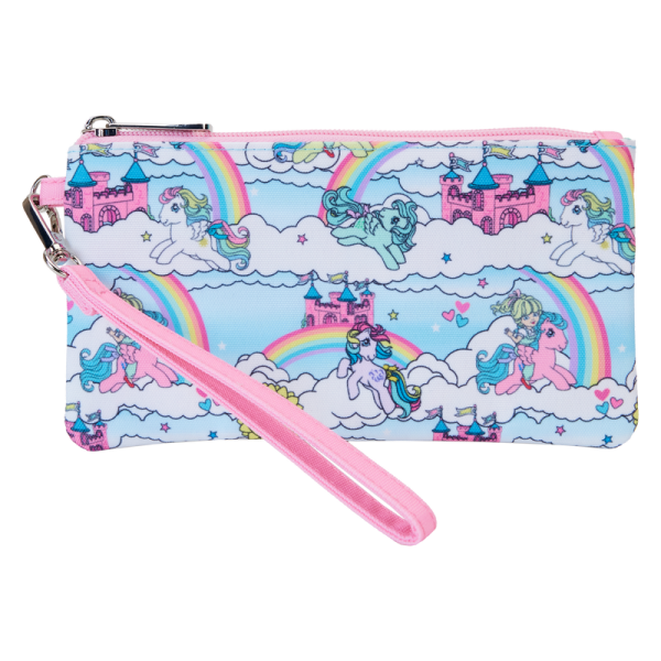 Gallop away with a rainbow of colors! Our My Little Pony Sky Scene Wristlet Wallet is ready for a magical day of fun-filled adventures. This handy wallet features an all-over print of the Dream Castle, suns, clouds, rainbows, and fan-favorite My Little Pony characters, such as Megan (who rides two different My Little Pony characters), Skydancer, Firefly, Starshine, Medley, and Windy. A convenient wristlet strap in pink adds an extra touch of color. Secure your valuables while taking the reins in style. Features: Nylon Wristlet strap Approximately four slots for securing and storing cards Shiny silver hardware Printed details Coordinating inside lining Dimensions: 8”W x 4.25”H This wallet is an officially licensed Hasbro product.