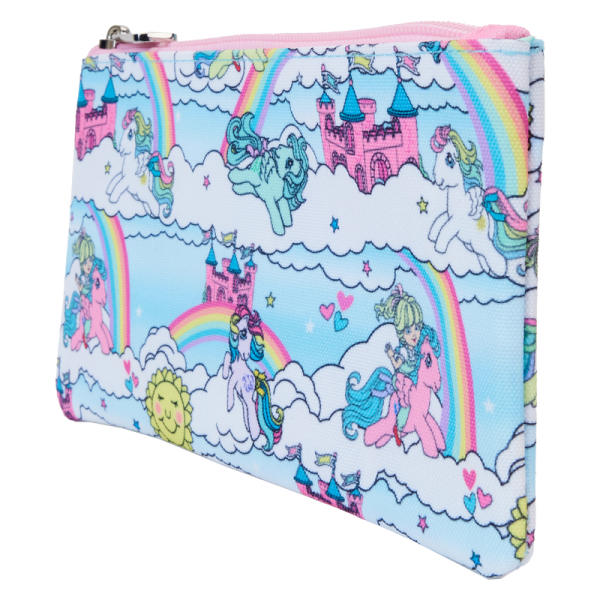 Gallop away with a rainbow of colors! Our My Little Pony Sky Scene Wristlet Wallet is ready for a magical day of fun-filled adventures. This handy wallet features an all-over print of the Dream Castle, suns, clouds, rainbows, and fan-favorite My Little Pony characters, such as Megan (who rides two different My Little Pony characters), Skydancer, Firefly, Starshine, Medley, and Windy. A convenient wristlet strap in pink adds an extra touch of color. Secure your valuables while taking the reins in style. Features: Nylon Wristlet strap Approximately four slots for securing and storing cards Shiny silver hardware Printed details Coordinating inside lining Dimensions: 8”W x 4.25”H This wallet is an officially licensed Hasbro product.