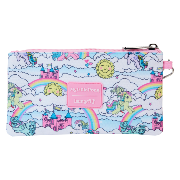 Gallop away with a rainbow of colors! Our My Little Pony Sky Scene Wristlet Wallet is ready for a magical day of fun-filled adventures. This handy wallet features an all-over print of the Dream Castle, suns, clouds, rainbows, and fan-favorite My Little Pony characters, such as Megan (who rides two different My Little Pony characters), Skydancer, Firefly, Starshine, Medley, and Windy. A convenient wristlet strap in pink adds an extra touch of color. Secure your valuables while taking the reins in style. Features: Nylon Wristlet strap Approximately four slots for securing and storing cards Shiny silver hardware Printed details Coordinating inside lining Dimensions: 8”W x 4.25”H This wallet is an officially licensed Hasbro product.