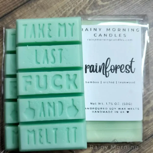 A refreshing blend of floral botanicals and woodsy bottom notes combine to make this unique, resort-worthy scent. Fresh, exotic, and swe **THESE DO CONTAIN CURSE WORDS ON THE FRONT** Rainy Morning Candles wax melts are made with a premium soy blend wax to ensure they're long-lasting and give a great hot throw. Our wax melts are made in small batches, so the color may vary slightly from batch to batch, but the fragrance will always be the same.