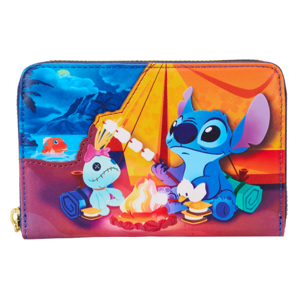 There’s nothing like sharing s’mores under the stars! Camp out on the tropical shores of the great outdoors with the Loungefly Stitch Camping Cuties Zip Around Wallet. On the front, Stitch roasts marshmallows at his campsite. Look closely and you’ll find Scrump, Pudge, and some ducklings join the fun! On the back, a frog sits next to a lantern beneath a starry sky. Open the wallet to reveal four slots for holding cards and a clear slot for ID. This wallet has plenty of room to store your gear and is the perfect accessory for hanging out with friends. The Loungefly Stitch Camping Cuties Zip Around Wallet is made of vegan leather (polyurethane). Wallet zips closed with shiny gold hardware. Additional features include applique, debossed, and printed details. Take note of the coordinating inside lining and Stitch-shaped die-cut ID window. This wallet is an officially licensed Disney product. Wallet dimensions: 6”W x 4”H