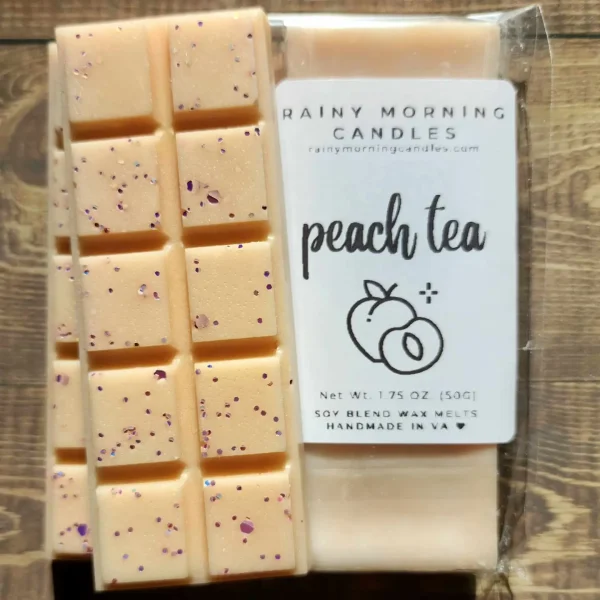 A tall glass of sweet, iced tea with succulent and juicy peaches. Rainy Morning Candles wax melts are made with a premium soy blend wax to ensure they're long-lasting and give a great hot throw. Our wax melts are made in small batches, so the color may vary slightly from batch to batch, but the fragrance will always be the same.