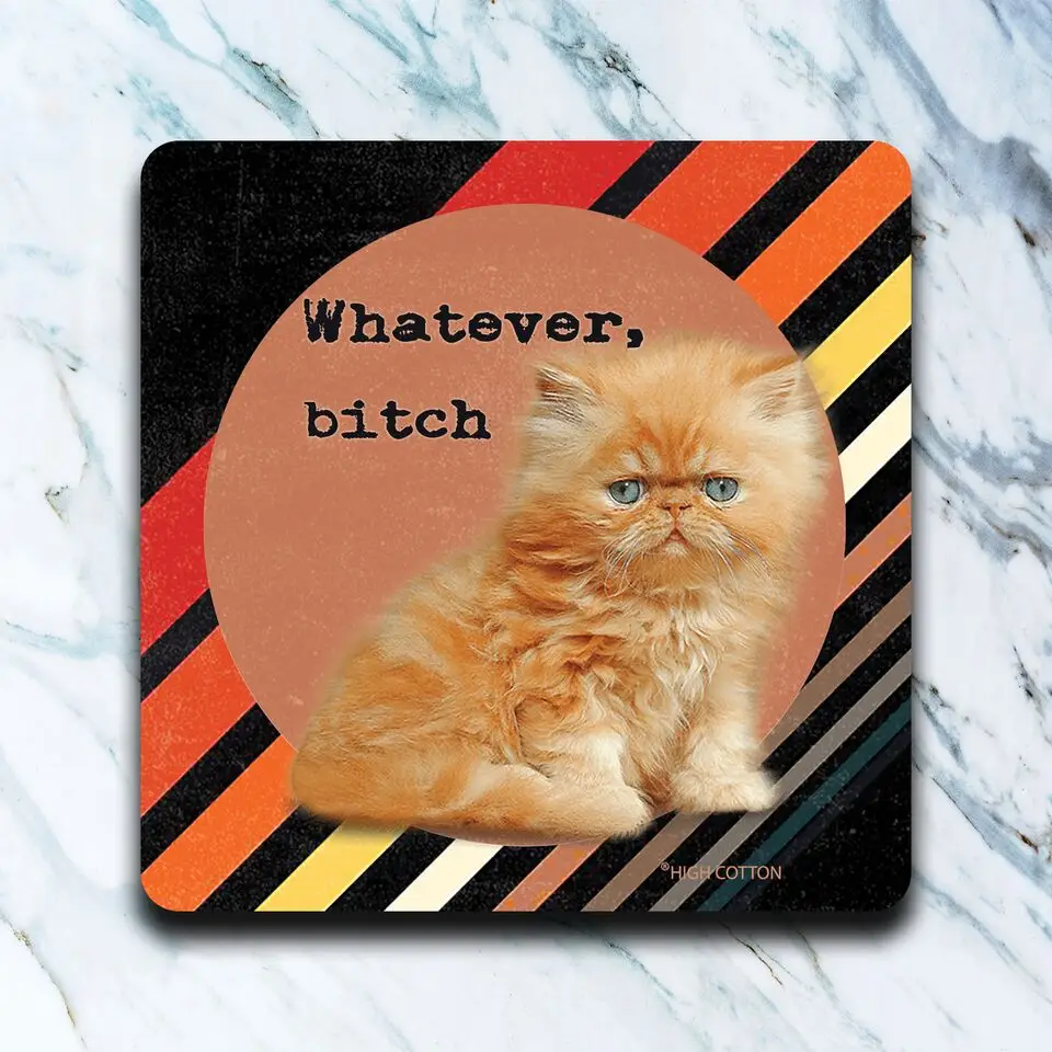 Our coasters are made in the USA from absorbent, neoprene-like material and measure 4" x 4". They are dishwasher safe and reusable (what a deal).