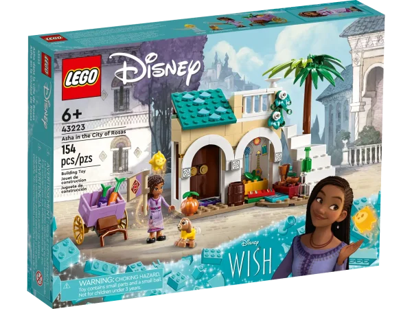 Inspire kids and Disney fans aged 6 and up to wish upon a star with this LEGO® ǀ Disney Asha in the City of Rosas (43223) buildable set from Walt Disney Animation Studios’ upcoming film, Wish. The kit includes a marketplace with stairs and a balcony, a back room with a table, a cart, a LEGO ǀ Disney mini-doll figure and 2 LEGO ǀ Disney figures. This set helps grow kids’ confidence, sparking creative storytelling and play. It can also be added to other LEGO ǀ Disney construction sets in the series (43224 and 43231, sold separately) to expand play. Kids can also enjoy an easy and intuitive building experience with the LEGO Builder app. They can zoom in and rotate models in 3D, save sets and track their progress. Passion for stories This building set has 3 characters – Asha, her goat Valentino and Star – to encourage role play as kids explore daily life in the City of Rosas. Fulfill a child’s passion for magical stories and making wishes with a building kit that makes a fun birthday gift. A wish for adventure – Give a Disney fan, or any kid aged 6 and up who’s a fan of adventures, a gift to inspire the imagination with this LEGO® ǀ Disney Asha in the City of Rosas (43223) set Everyday play – The construction set includes a marketplace with double doors, a staircase, a back room with a table, a balcony, a cart with a flag, plus lots of accessories for creative play Fun characters – Includes an Asha LEGO® ǀ Disney mini-doll figure and Valentino and Star LEGO ǀ Disney figures. This set, based on the upcoming film from Walt Disney Animation Studios, Wish, is made for adventures in the City of Rosas market Fun gift for ages 6 and up – Disney fans can have fun with a set that fulfills a child’s passion for Disney films, fantastic adventures and building play, while kick-starting their imagination Stories await – The marketplace measures over 4.5 in. (12 cm) high, 7 in. (17 cm) wide and 4 in. (11 cm) deep, ready to inspire hours of inventive storytelling and imaginative play Expand the play – Young storytellers can expand on the fun by collecting the other LEGO® buildable sets in the series (43224 and 43231 – sold separately) and making their own Kingdom of Rosas A new way to build – The LEGO® Builder app guides kids on an intuitive building adventure. They can save sets, track their progress and zoom in and rotate models in 3D while they build Build life skills – With a LEGO® ǀ Disney mini-doll figure, 2 LEGO ǀ Disney figures and a detailed building, this construction set fosters creative play and develops vital life skills through fun Uncompromising quality – Ever since 1958, LEGO® components have met stringent industry standards to ensure they connect consistently Safety first – LEGO® components are dropped, heated, crushed, twisted and analyzed to make sure they meet rigorous global safety standards