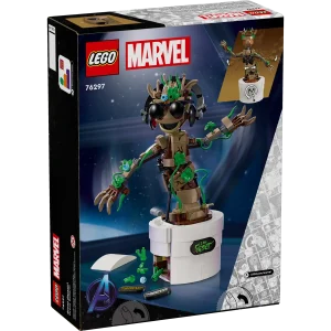 LEGO® Marvel Dancing Groot (76297) is a buildable Guardians of the Galaxy toy with an interactive dancing function. It makes a great gift for kids aged 10 and up who are fans of the Marvel character Groot, Super Heroes and buildable LEGO toys. This Groot building toy for kids has a movable head and posable arms. When kids turn the handle at the back of the flower pot, the jointed Groot starts dancing. The figure can be customized with additional leaves, buildable headphones and sunglasses, and kids can personalize Groot’s pot by adding 1 of 3 different nameplates to the front (including one related to the TV show I am Groot). All of these accessories can be stored in the pot’s built-in compartment. To make building the model even more fun, the LEGO Builder app lets kids zoom in, rotate models in 3D and track progress as they go. Buildable Groot animated toy for kids – Dancing Groot is an interactive gift for boys and girls aged 10 and up Dancing Super Hero – The playset includes a buildable Groot in a flower pot, 3 different nameplates to attach to the pot, and accessories including headphones, sunglasses and extra leaves Interactive dancing Groot – When kids turn a handle at the rear of the buildable toy, the jointed Groot model gets funky Super Hero playset – Groot’s head turns, his arms are posable, and the pot includes a built-in storage compartment for all the accessories Guardians of the Galaxy gift – Treat fans of Marvel’s Groot, Super Heroes and buildable LEGO® toys to this interactive playset 3D building instructions – Kids can download the LEGO® Builder app for an immersive building experience, with digital tools to zoom in and rotate models in 3D, save sets and track progress More LEGO® Marvel playsets – The extensive range of LEGO Marvel building toys puts an ever-changing universe of imaginative Super Hero adventures into kids’ hands 459-piece building set – The fully assembled model stands over 8.5 in. (22 cm) tall