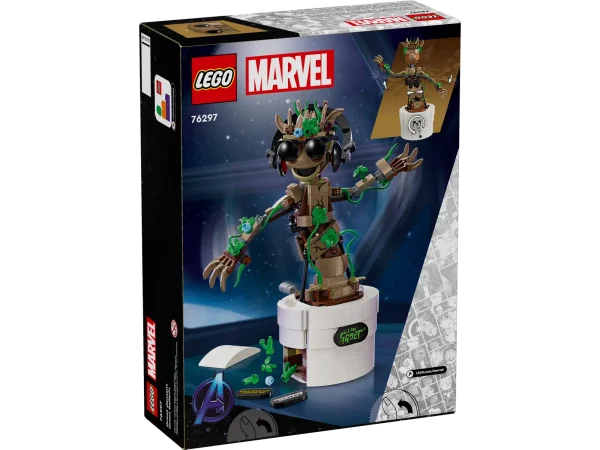 LEGO® Marvel Dancing Groot (76297) is a buildable Guardians of the Galaxy toy with an interactive dancing function. It makes a great gift for kids aged 10 and up who are fans of the Marvel character Groot, Super Heroes and buildable LEGO toys. This Groot building toy for kids has a movable head and posable arms. When kids turn the handle at the back of the flower pot, the jointed Groot starts dancing. The figure can be customized with additional leaves, buildable headphones and sunglasses, and kids can personalize Groot’s pot by adding 1 of 3 different nameplates to the front (including one related to the TV show I am Groot). All of these accessories can be stored in the pot’s built-in compartment. To make building the model even more fun, the LEGO Builder app lets kids zoom in, rotate models in 3D and track progress as they go. Buildable Groot animated toy for kids – Dancing Groot is an interactive gift for boys and girls aged 10 and up Dancing Super Hero – The playset includes a buildable Groot in a flower pot, 3 different nameplates to attach to the pot, and accessories including headphones, sunglasses and extra leaves Interactive dancing Groot – When kids turn a handle at the rear of the buildable toy, the jointed Groot model gets funky Super Hero playset – Groot’s head turns, his arms are posable, and the pot includes a built-in storage compartment for all the accessories Guardians of the Galaxy gift – Treat fans of Marvel’s Groot, Super Heroes and buildable LEGO® toys to this interactive playset 3D building instructions – Kids can download the LEGO® Builder app for an immersive building experience, with digital tools to zoom in and rotate models in 3D, save sets and track progress More LEGO® Marvel playsets – The extensive range of LEGO Marvel building toys puts an ever-changing universe of imaginative Super Hero adventures into kids’ hands 459-piece building set – The fully assembled model stands over 8.5 in. (22 cm) tall