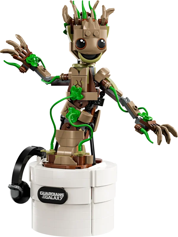 LEGO® Marvel Dancing Groot (76297) is a buildable Guardians of the Galaxy toy with an interactive dancing function. It makes a great gift for kids aged 10 and up who are fans of the Marvel character Groot, Super Heroes and buildable LEGO toys. This Groot building toy for kids has a movable head and posable arms. When kids turn the handle at the back of the flower pot, the jointed Groot starts dancing. The figure can be customized with additional leaves, buildable headphones and sunglasses, and kids can personalize Groot’s pot by adding 1 of 3 different nameplates to the front (including one related to the TV show I am Groot). All of these accessories can be stored in the pot’s built-in compartment. To make building the model even more fun, the LEGO Builder app lets kids zoom in, rotate models in 3D and track progress as they go. Buildable Groot animated toy for kids – Dancing Groot is an interactive gift for boys and girls aged 10 and up Dancing Super Hero – The playset includes a buildable Groot in a flower pot, 3 different nameplates to attach to the pot, and accessories including headphones, sunglasses and extra leaves Interactive dancing Groot – When kids turn a handle at the rear of the buildable toy, the jointed Groot model gets funky Super Hero playset – Groot’s head turns, his arms are posable, and the pot includes a built-in storage compartment for all the accessories Guardians of the Galaxy gift – Treat fans of Marvel’s Groot, Super Heroes and buildable LEGO® toys to this interactive playset 3D building instructions – Kids can download the LEGO® Builder app for an immersive building experience, with digital tools to zoom in and rotate models in 3D, save sets and track progress More LEGO® Marvel playsets – The extensive range of LEGO Marvel building toys puts an ever-changing universe of imaginative Super Hero adventures into kids’ hands 459-piece building set – The fully assembled model stands over 8.5 in. (22 cm) tall