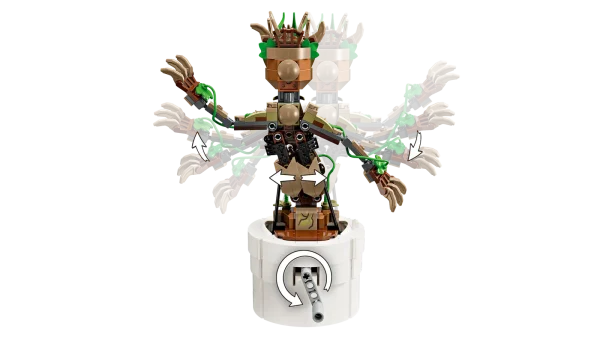 LEGO® Marvel Dancing Groot (76297) is a buildable Guardians of the Galaxy toy with an interactive dancing function. It makes a great gift for kids aged 10 and up who are fans of the Marvel character Groot, Super Heroes and buildable LEGO toys. This Groot building toy for kids has a movable head and posable arms. When kids turn the handle at the back of the flower pot, the jointed Groot starts dancing. The figure can be customized with additional leaves, buildable headphones and sunglasses, and kids can personalize Groot’s pot by adding 1 of 3 different nameplates to the front (including one related to the TV show I am Groot). All of these accessories can be stored in the pot’s built-in compartment. To make building the model even more fun, the LEGO Builder app lets kids zoom in, rotate models in 3D and track progress as they go. Buildable Groot animated toy for kids – Dancing Groot is an interactive gift for boys and girls aged 10 and up Dancing Super Hero – The playset includes a buildable Groot in a flower pot, 3 different nameplates to attach to the pot, and accessories including headphones, sunglasses and extra leaves Interactive dancing Groot – When kids turn a handle at the rear of the buildable toy, the jointed Groot model gets funky Super Hero playset – Groot’s head turns, his arms are posable, and the pot includes a built-in storage compartment for all the accessories Guardians of the Galaxy gift – Treat fans of Marvel’s Groot, Super Heroes and buildable LEGO® toys to this interactive playset 3D building instructions – Kids can download the LEGO® Builder app for an immersive building experience, with digital tools to zoom in and rotate models in 3D, save sets and track progress More LEGO® Marvel playsets – The extensive range of LEGO Marvel building toys puts an ever-changing universe of imaginative Super Hero adventures into kids’ hands 459-piece building set – The fully assembled model stands over 8.5 in. (22 cm) tall